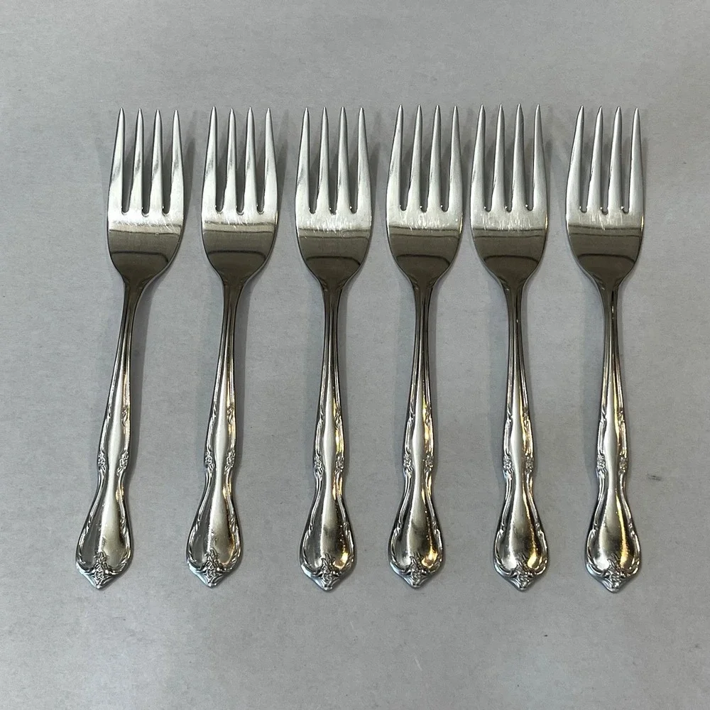 6 Insico International Silver Stainless Salad Forks Victorian Charm Embassador